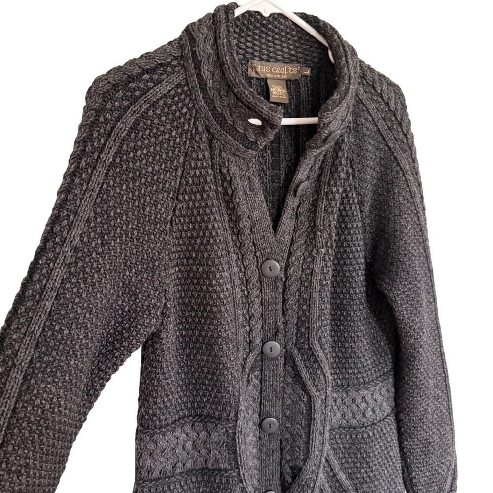 Inis Crafts Ireland Merino Wool Aran Cable Knit Long Cardigan Sweater Gray Large